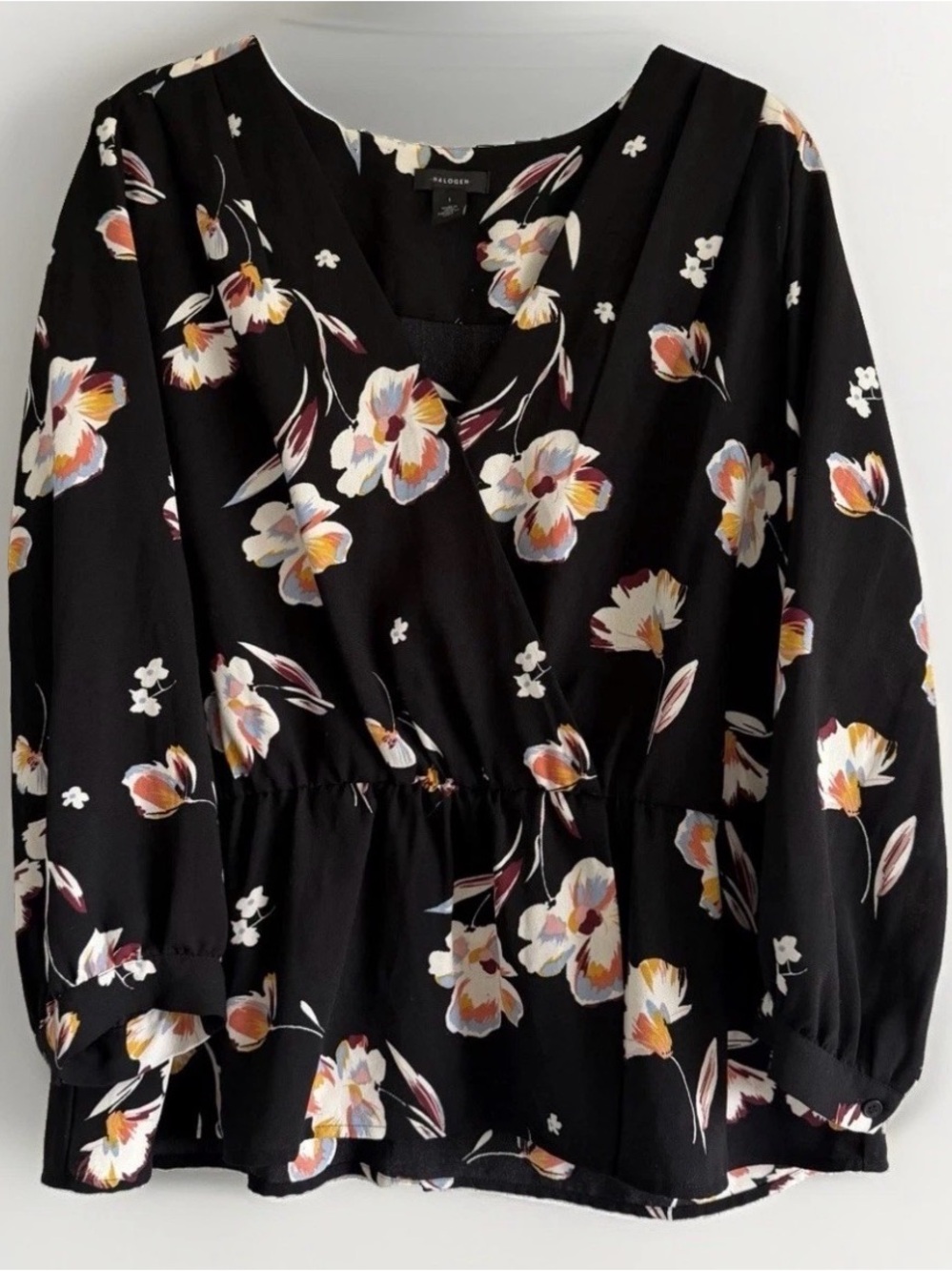 Halogen Floral Faux Wrap Peplum Blouse Long Sleeve Black V-Neck Professional